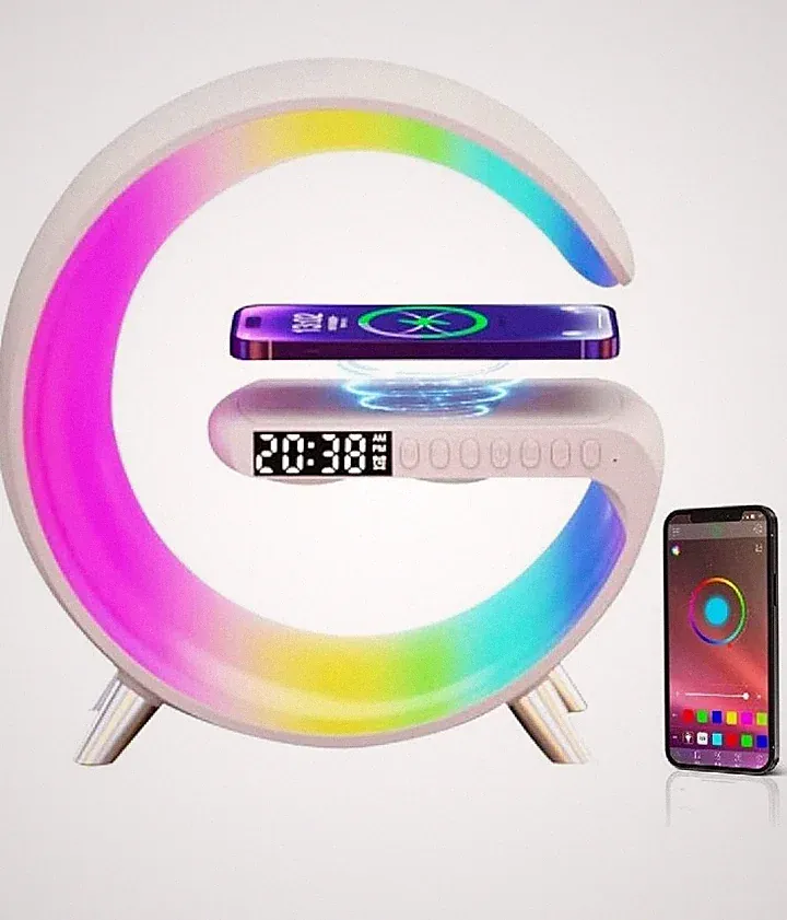 Atmosphärenlampe, kabellosem Ladegerät für IPhone, Musik, Wecker Weiß