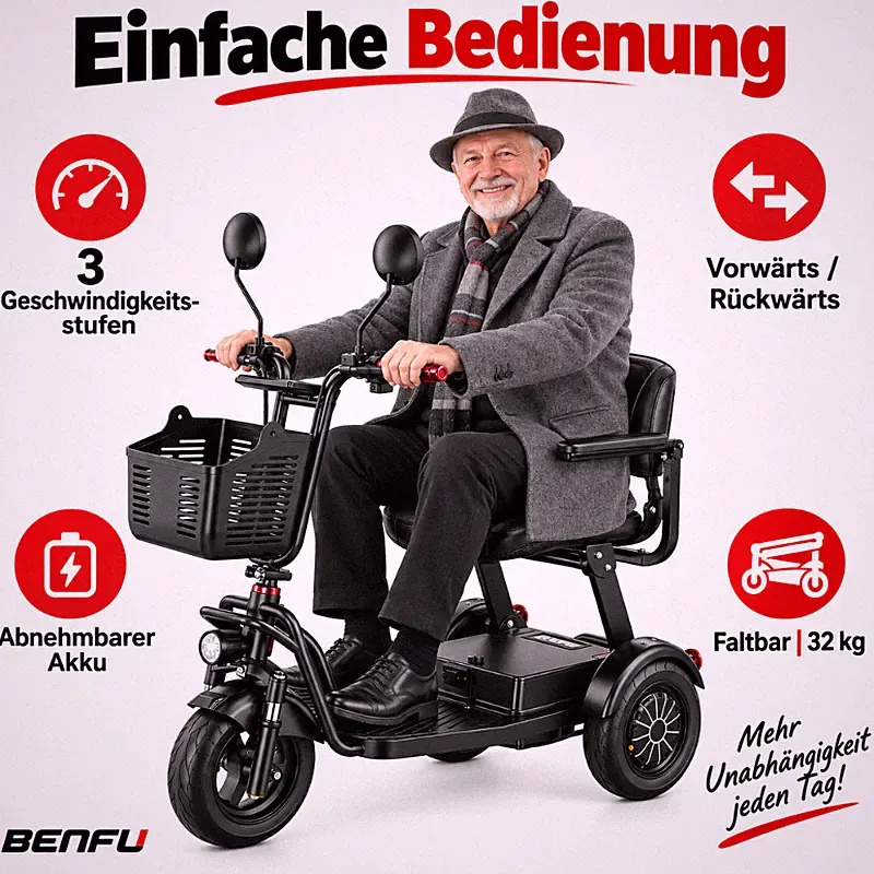 Daibot 3 Rad Mobilitätsscooter 1000W 48V 20Ah faltbar mit Sitz für Gehbehinderte