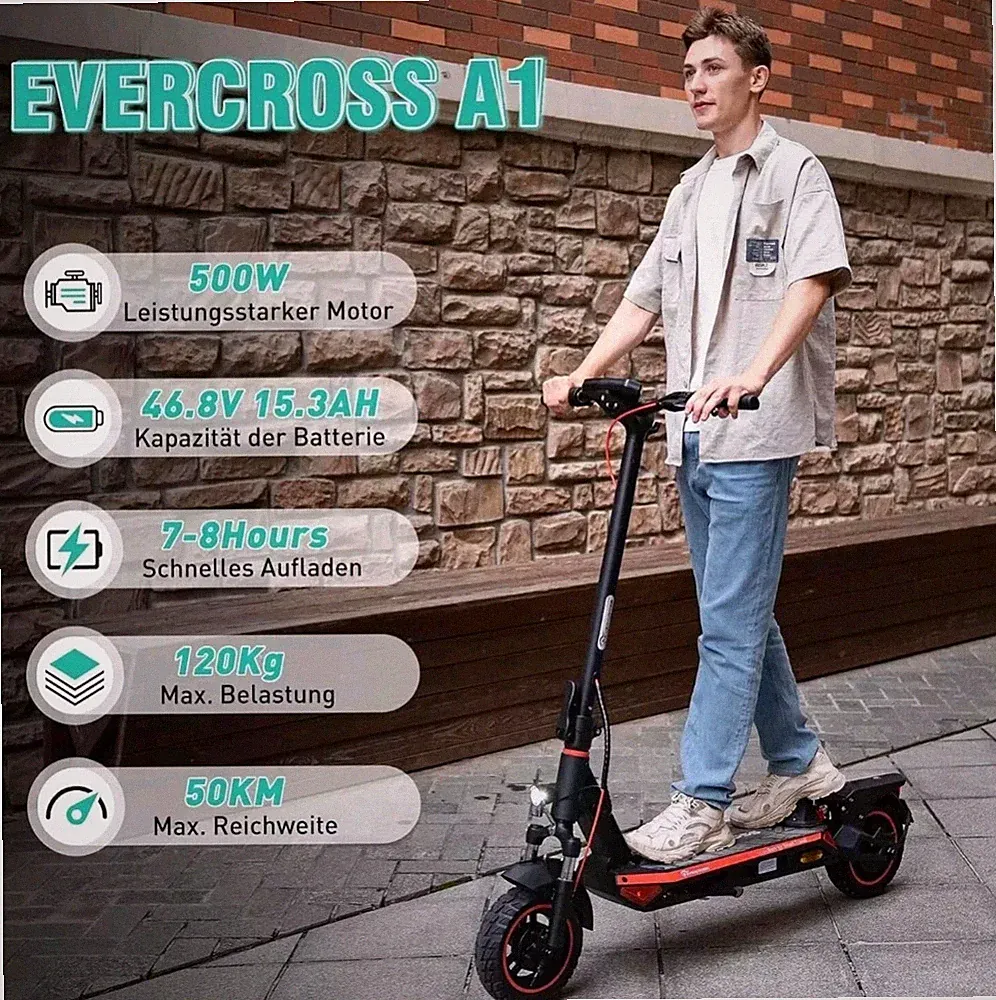 E-Scooter Evercross a1 mit ABE, 500W, 48V, IP54, Neu, schwarz