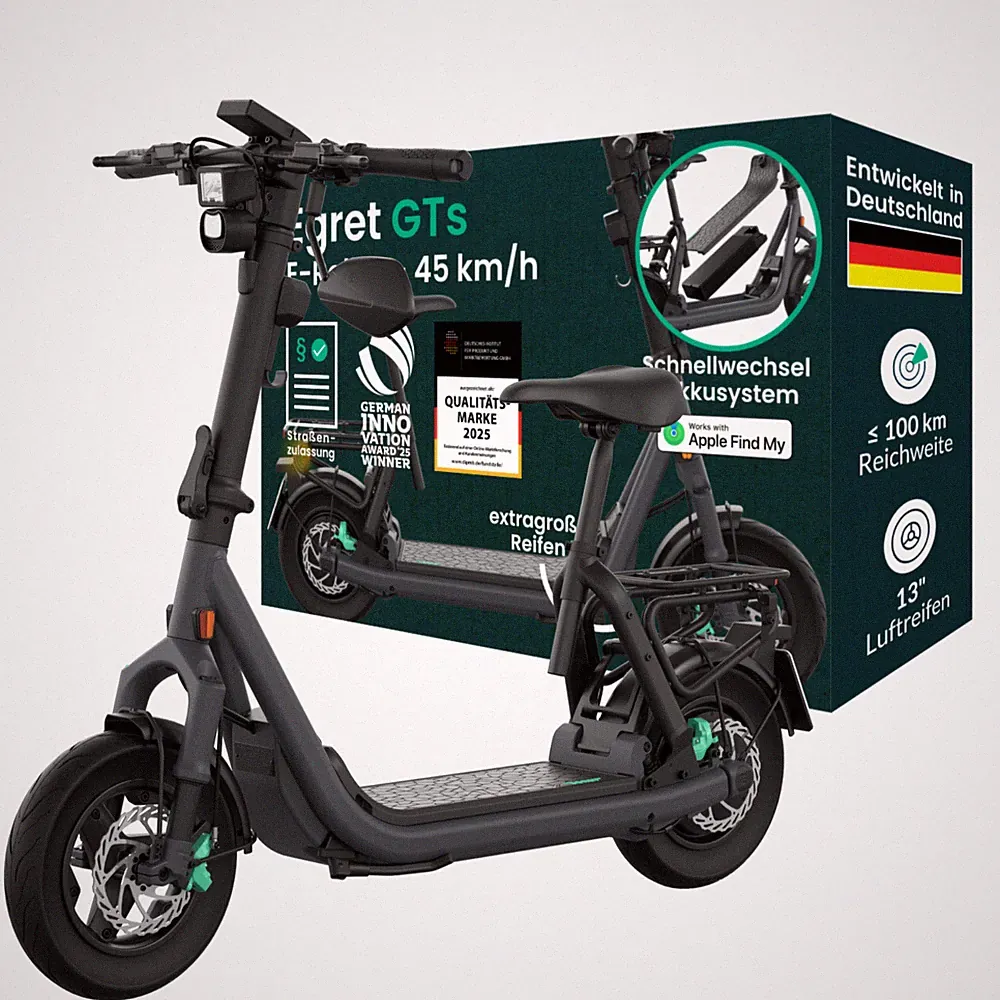 E Scooter + Sitz | Straßenzulassung | 45 km/h | 13 Zoll | 65km | Egret GTs