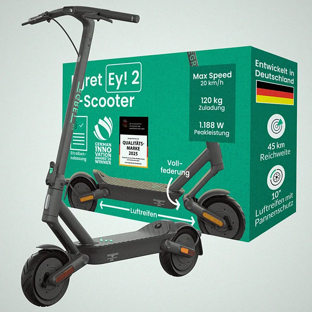 E Scooter + Straßenzulassung | Blinker | 10 Zoll | 45 km | E Roller Ey! 2