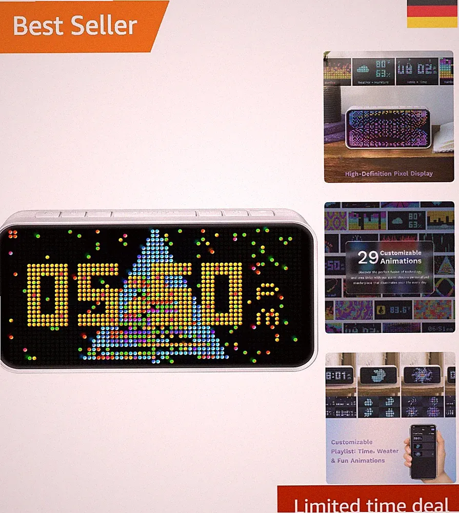 Elegant gestylter Pixel-LED Wecker mit Snooze-Funktion & Feuchtigkeitsmessung