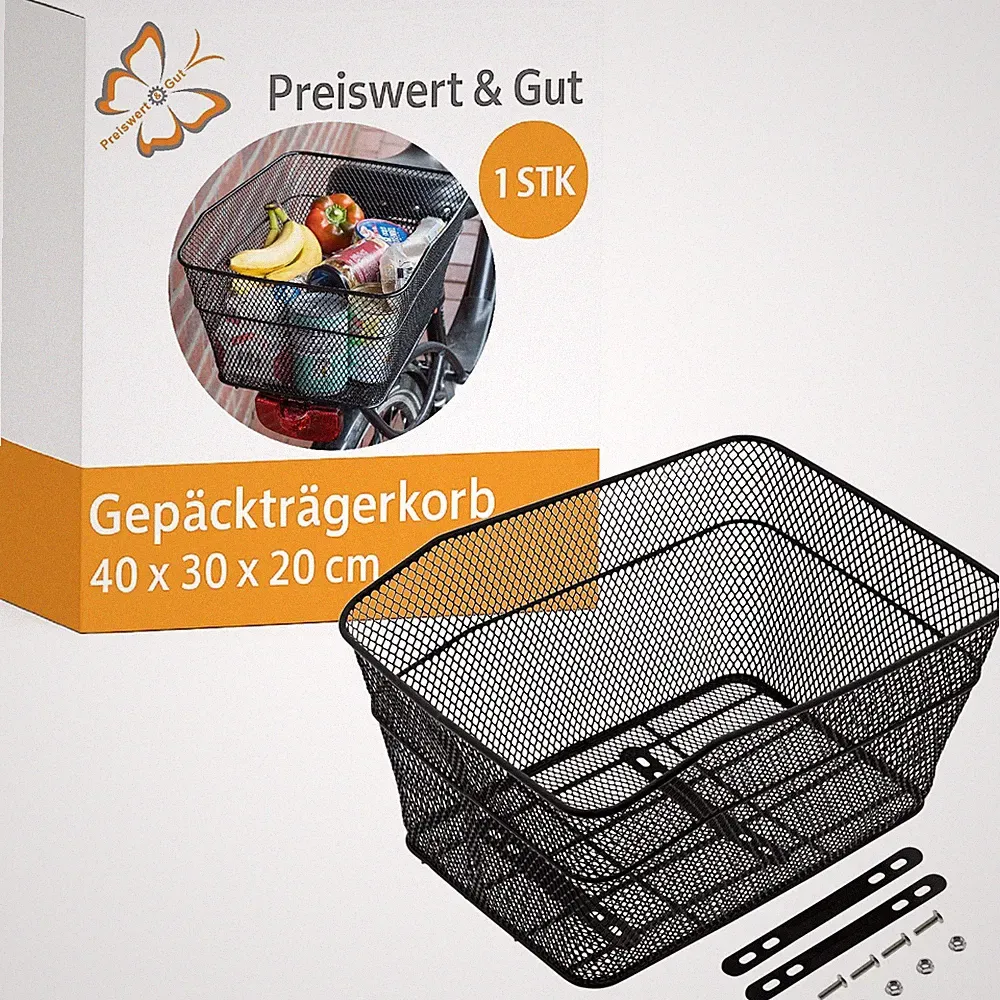 Fahrradkorb Hinten mit Halter 40x30x20cm Fahrrad Korb 10kg Gepäckträger Schwarz