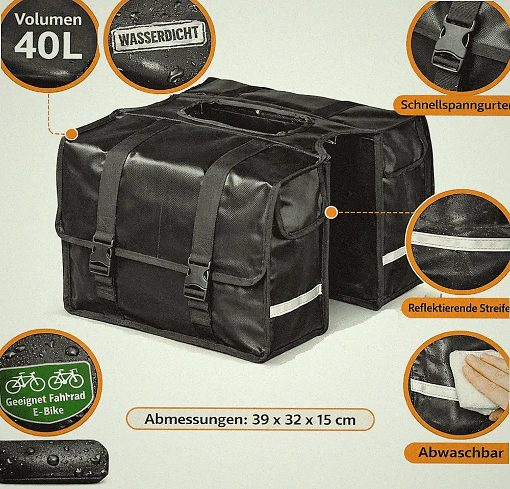 Fahrradtasche Gepäckträger Doppel 40L wasserdicht Gepäckträgertasche 39x32cm