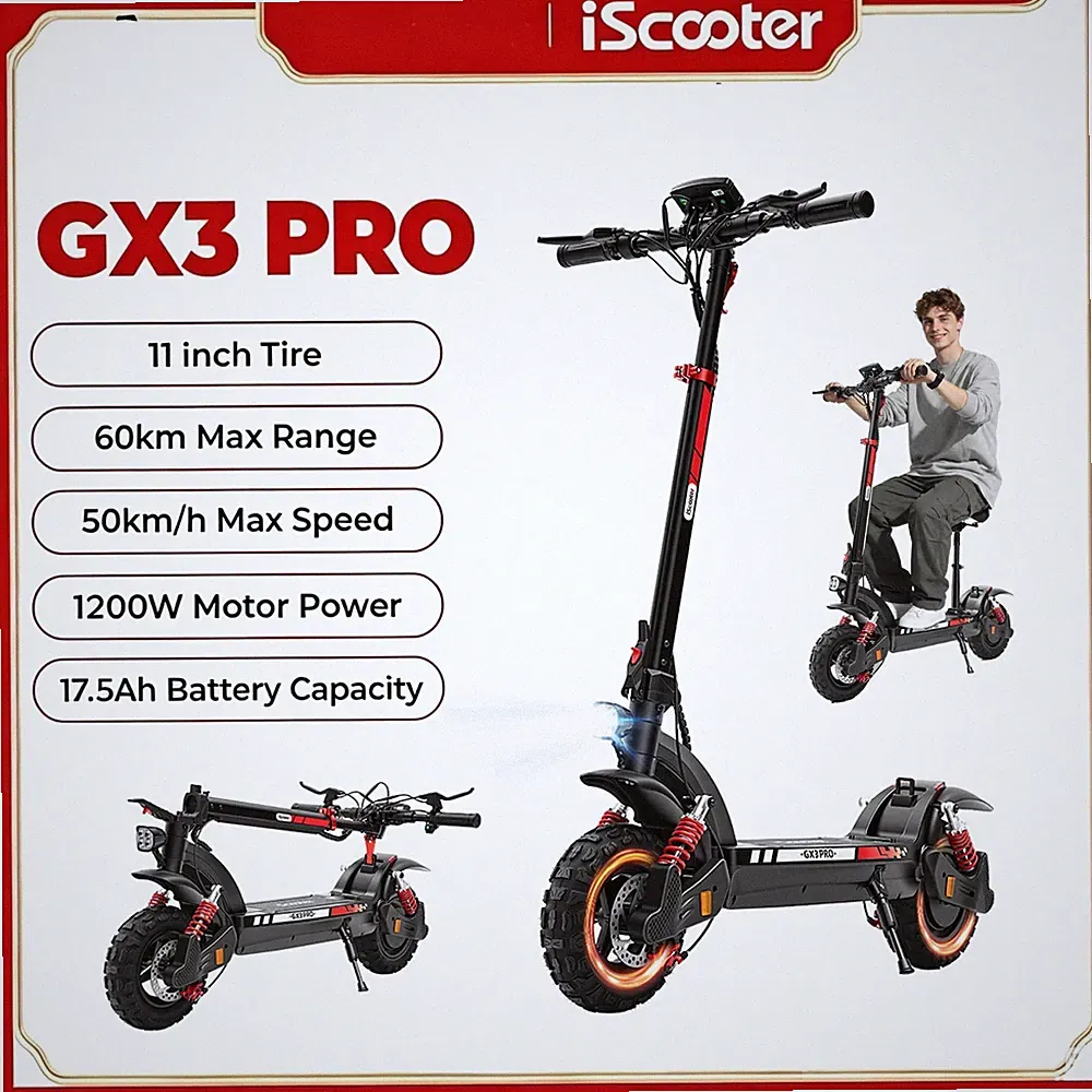 iScooter GX3PRO Elektroroller 11" 1200W 17,5AH Offroad E-Scooter 50km/h mit Sitz