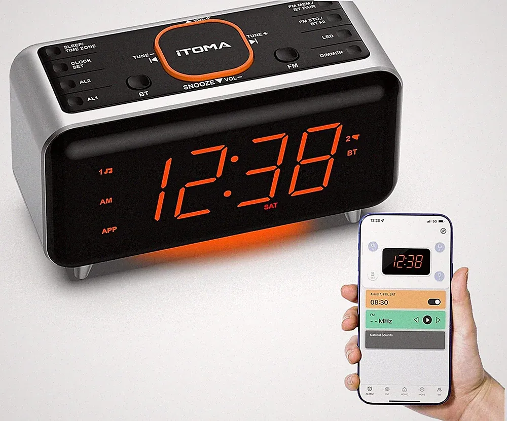 iTOMA Radiowecker mit App-Steuerung, Bluetooth, FM-Radio, Dual Alarm von