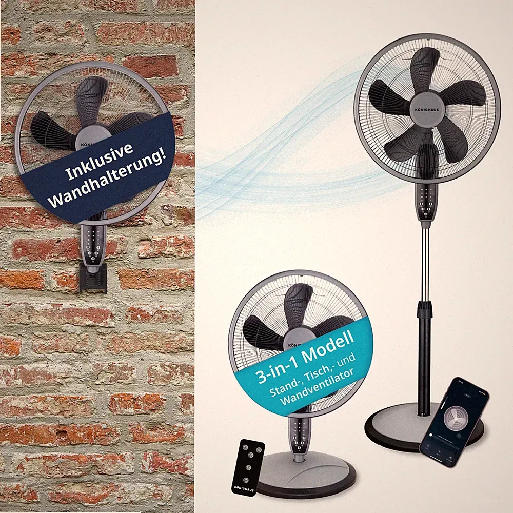 Könighaus 3-in-1 Stand- Tisch & Wandventilator | WLAN & Fernbedienung | ALEXA