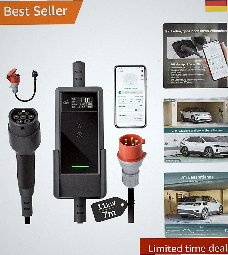 Mobile 11 kW Wallbox mit App für ID.3/4/5/7 & Mehr | Lösung für e Autos