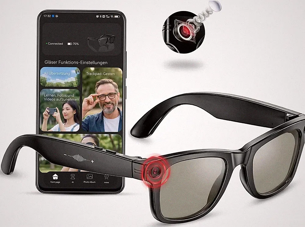 Smart Glasses mit KI & Bluetooth, ChatGPT-Sprachassistent, UV-Schutz, WLAN