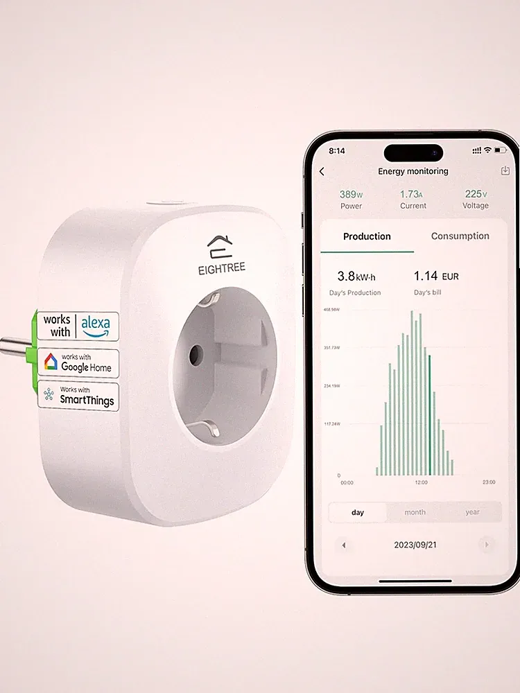 Smart WLAN Steckdose mit Strommessung EIGHTREE, Stromzähler für Balkonkraftwerk
