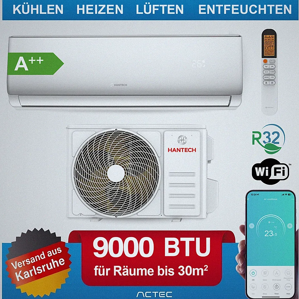 Split Klimaanlage 9000 BTU Klimagerät Inverter A++ Heizen WLAN HANTECH Elegant