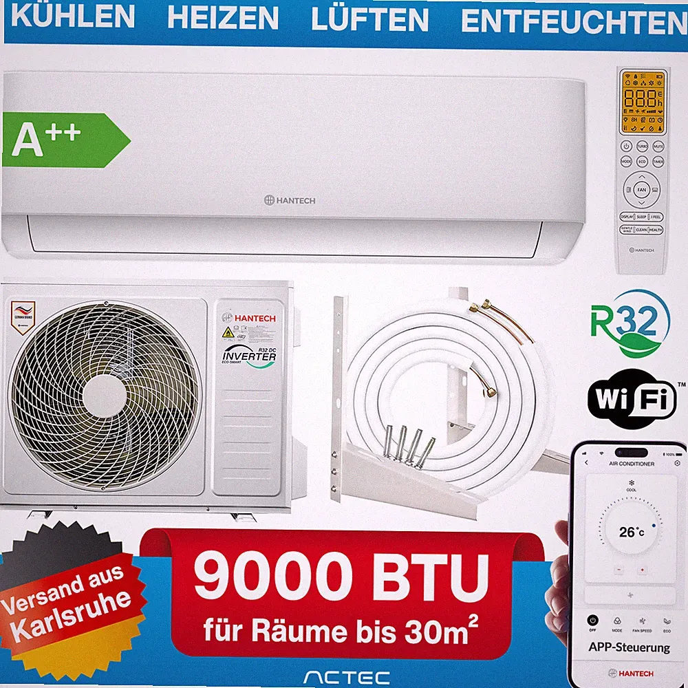 Split Klimaanlage 9000 BTU Komplettset Klimagerät Inverter A++ Heizen WLAN