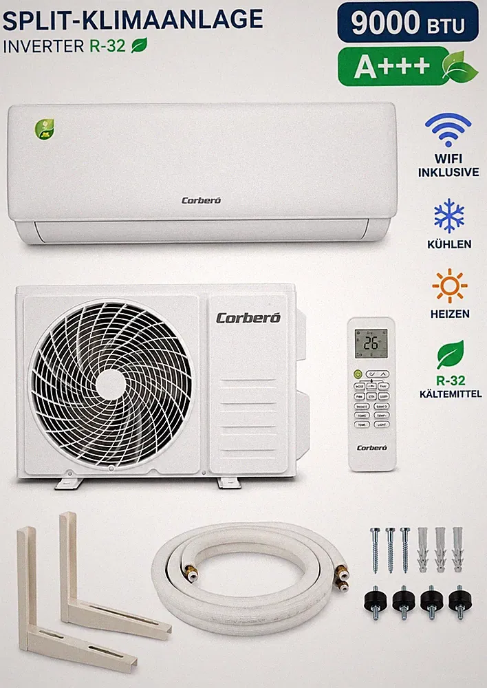 Split Klimaanlage 9000BTU Corbero CSCECO09 Komplettset mit Wärmepumpe + WIFI